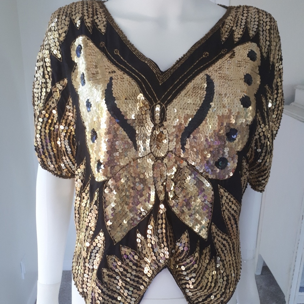 Vintage Boho Butterfly Gold Black Sequin Top M L
